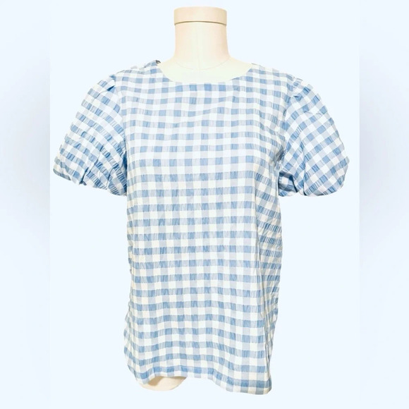 Ann Taylor Gingham Bubble Sleeve Top in blue and white check seersucker blouse - Picture 4 of 11